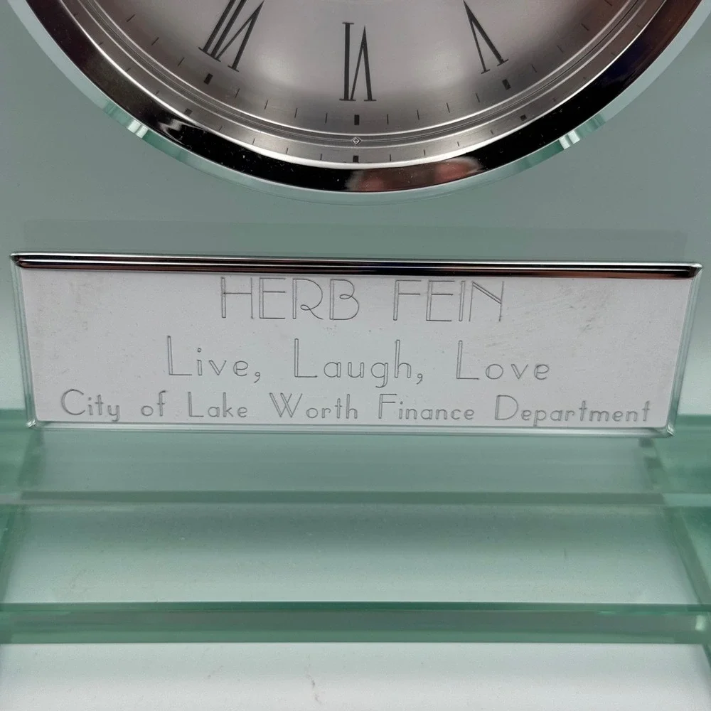 Danbury Clock Company Glass Mantel‎ Clock Quartz Desk Clock Engraved Herb Fein